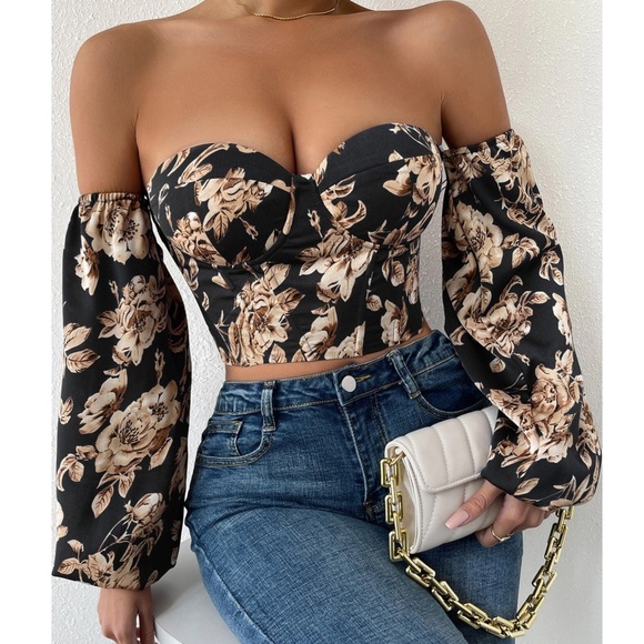Boho Floral Print Lace up Off Shoulder Corset Top - Picture 9 of 15